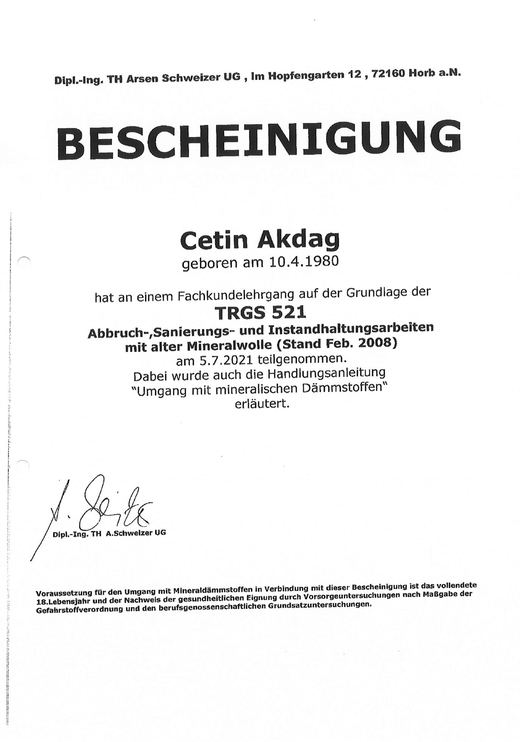 Bescheinigung TRGS 521 für Cetin Akdag