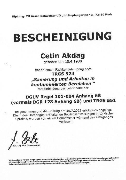 Bescheinigung TRGS 524 · DGUV 101-004 für Cetin Akdag