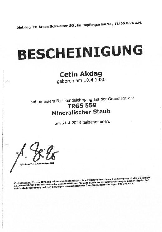 Bescheinigung TRGS 559 für Cetin Akdag