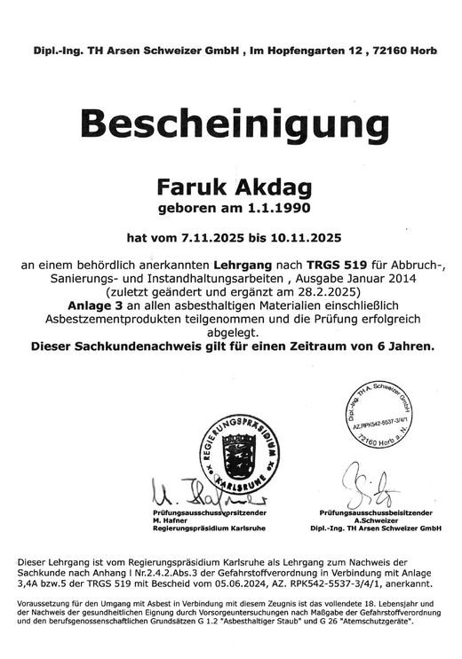 Bescheinigung TRGS 519 · Anlage 3 für Faruk Akdag