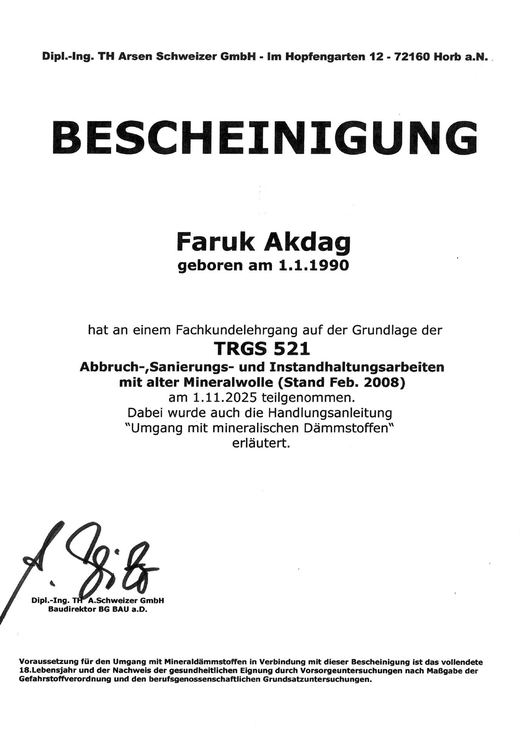 Bescheinigung TRGS 521 für Faruk Akdag
