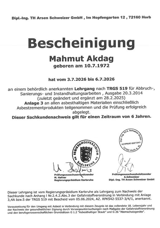 Bescheinigung TRGS 519 · Anlage 3 für Mahmut Akdag