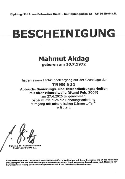 Bescheinigung TRGS 521 für Mahmut Akdag