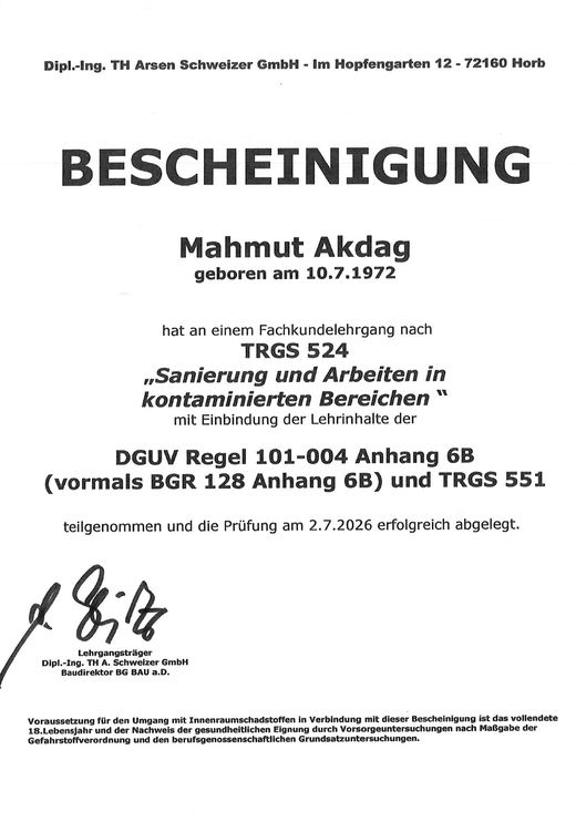 Bescheinigung TRGS 524 · DGUV 101-004 für Mahmut Akdag
